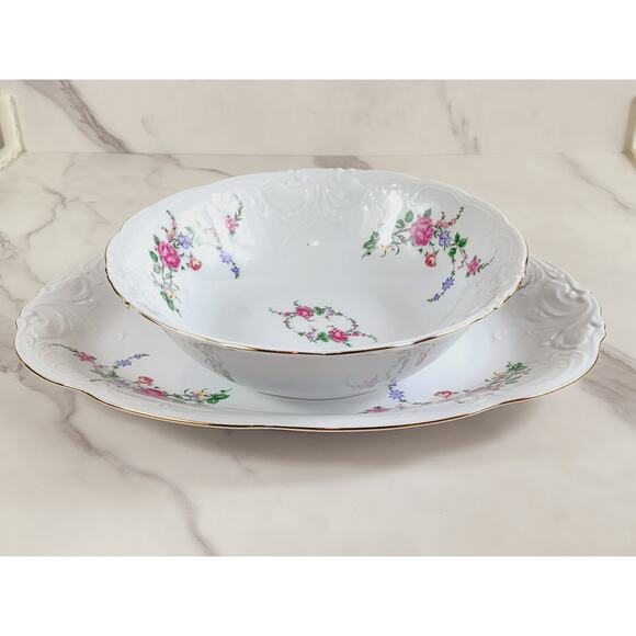 Royal Kent Poland Serving Oval Platter 13" Round Salad Bowl 9" Porcelain x2 Vtg - Picture 10 of 15